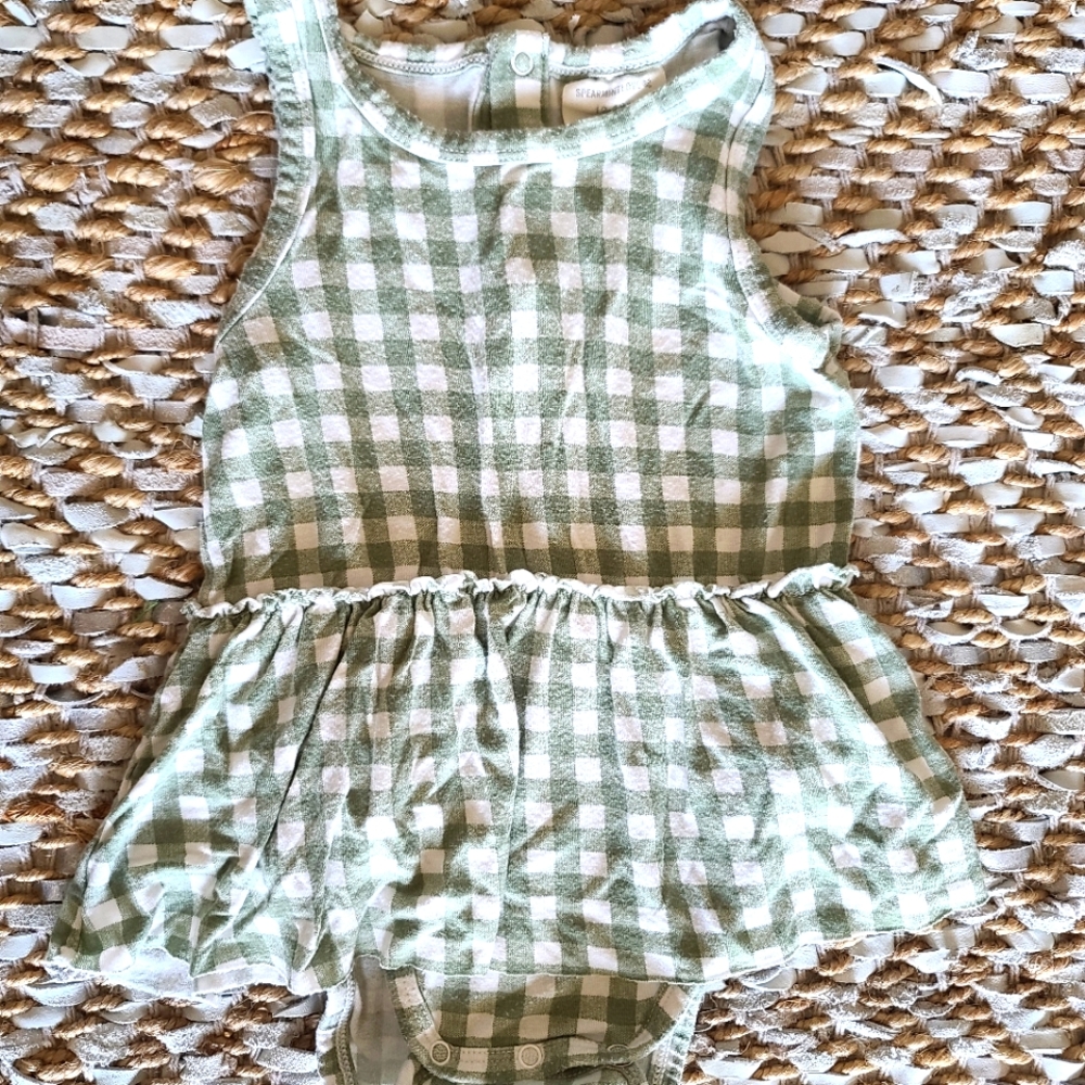 Sleeveless Skirted Bodysuit, Sage Gingham